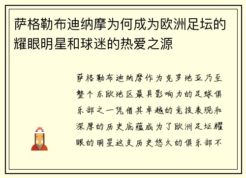萨格勒布迪纳摩为何成为欧洲足坛的耀眼明星和球迷的热爱之源