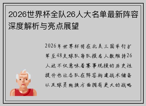 2026世界杯全队26人大名单最新阵容深度解析与亮点展望